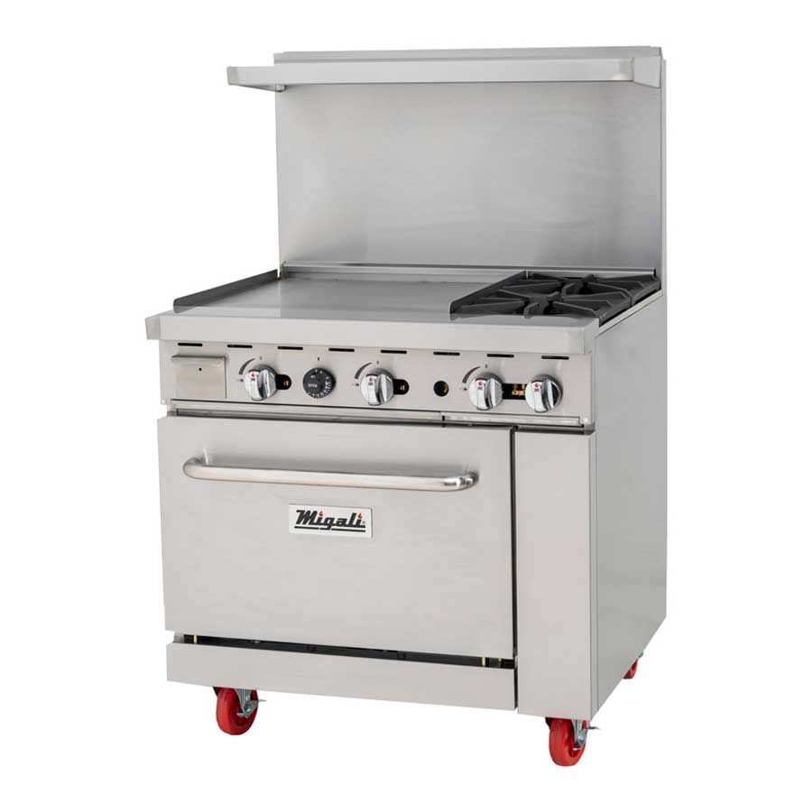 Migali Liquid Propane 2 Burners Range With 1 Oven And 24 Inch Griddle Left Side, 36 Inch Width X 31 Inch Depth X 56.4 Inch Height