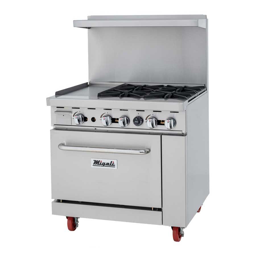 Migali Natural Gas 4 Burners Range With 1 Oven And 12 Inch Griddle Left Side, 36 Inch Width X 31 Inch Depth X 56.4 Inch Height