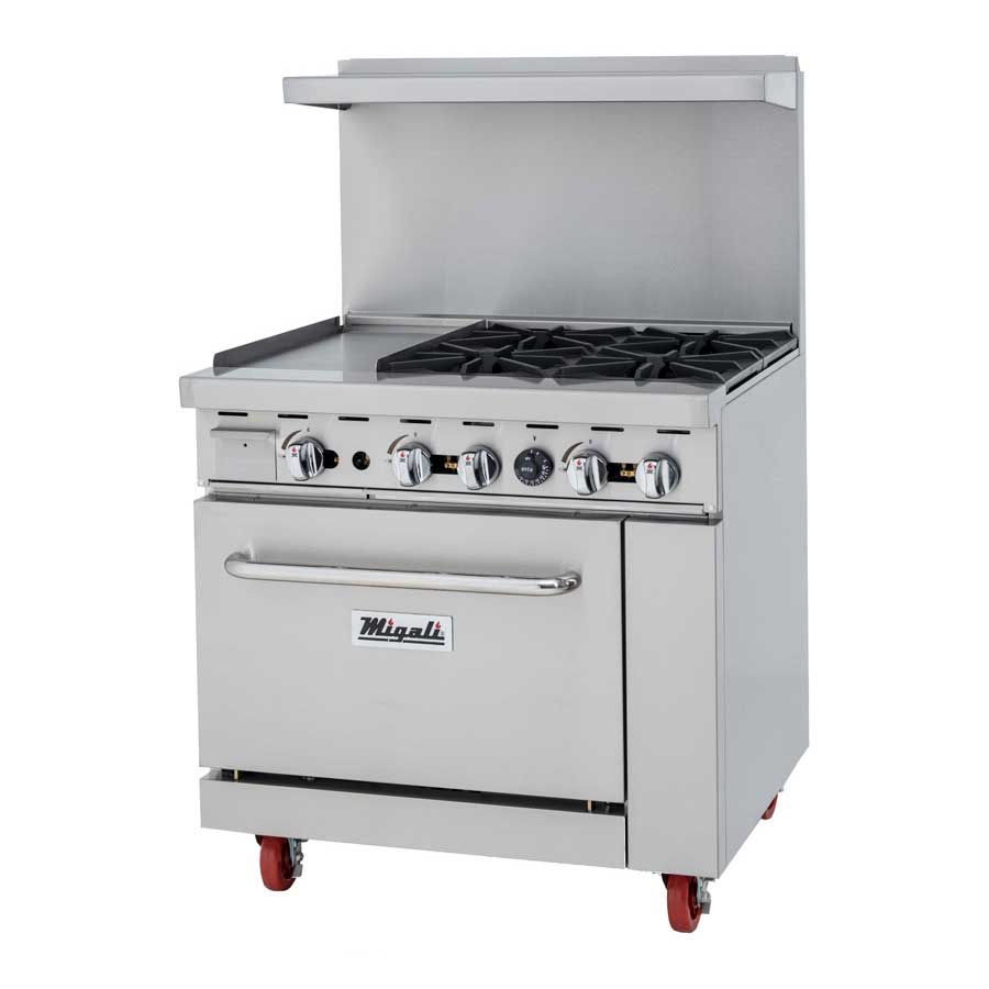 Migali Liquid Propane 4 Burners Range With 1 Oven And 12 Inch Griddle Left Side, 36 Inch Width X 31 Inch Depth X 56.4 Inch Height