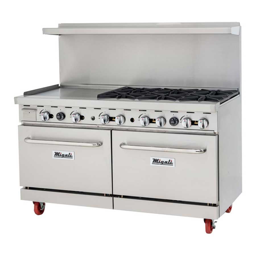 Migali Liquid Propane 6 Burners Range With 2 Ovens And 24 Inch Griddle Left Side, 60.2 Inch Width X 31 Inch Depth X 56.4 Inch Height