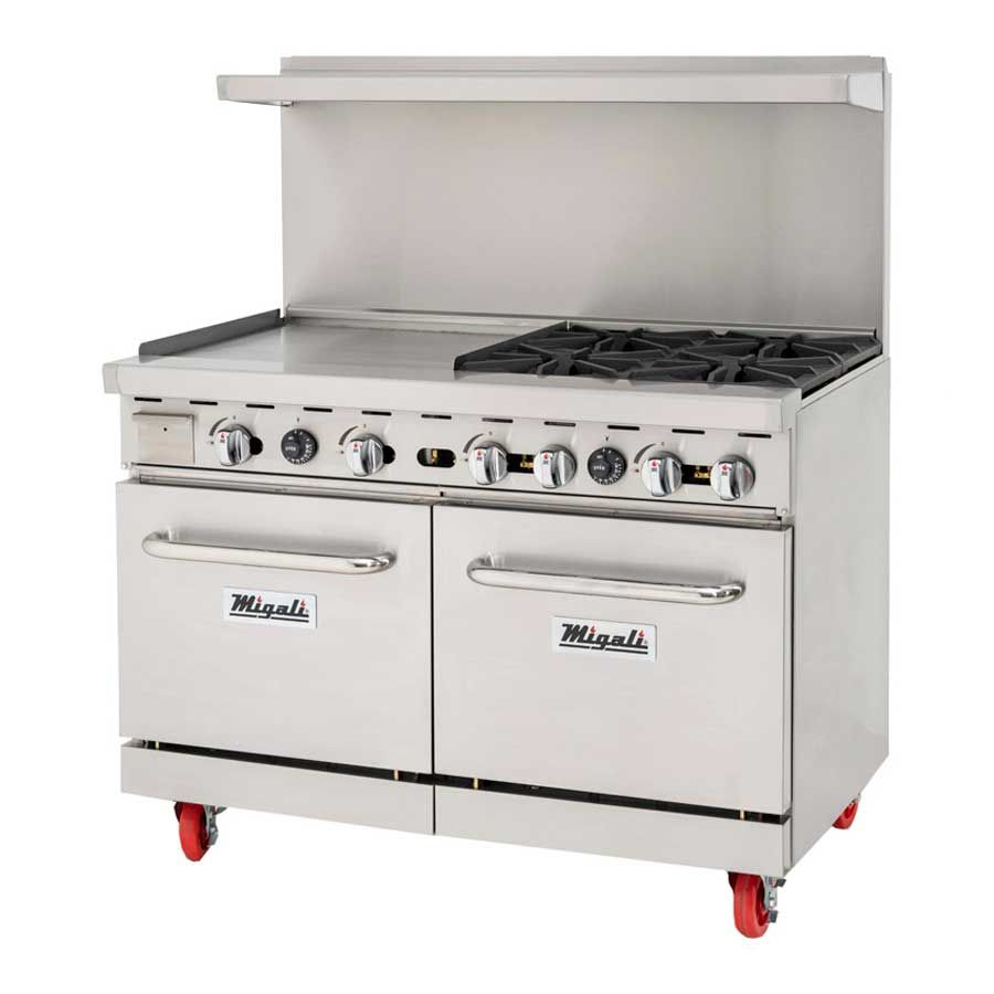 Migali Natural Gas 4 Burners Range With 2 Ovens And 24 Inch Griddle Left Side, 48 Inch Width X 31 Inch Depth X 56.4 Inch Height