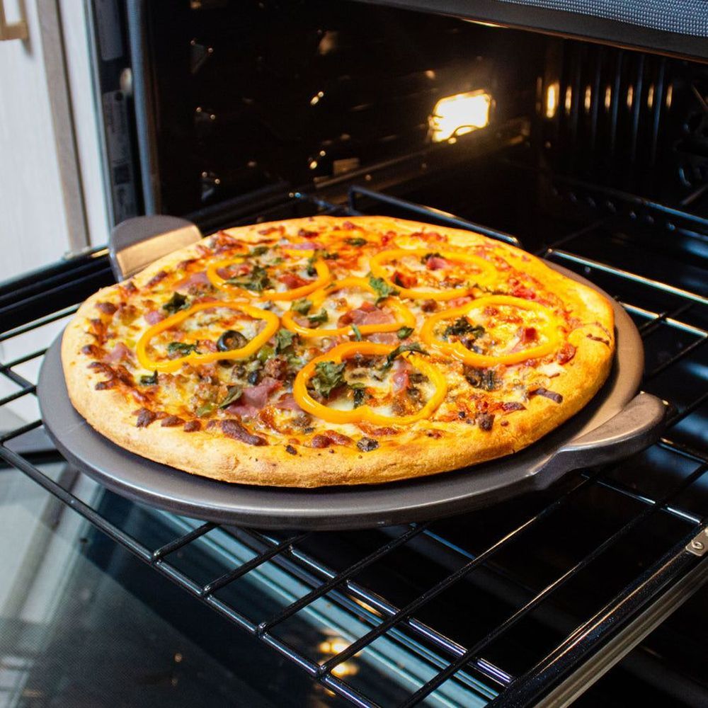 Old Stone Pizza Kitchen Grey Glazed Round Pizza Stone With Handle, 15 Inch