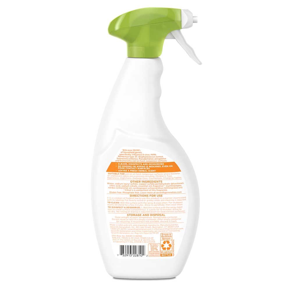 Seventh Generation Lemongrass Citrus Multi Surface Disinfecting Bathroom Cleaner, 26 Ounce -- 1 Each