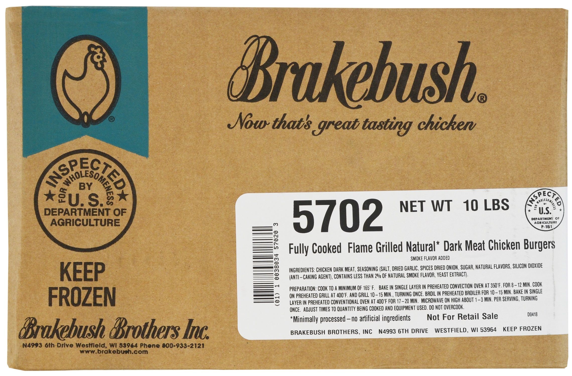 Brakebush Natural Fully Cooked Flame Grilled Dark Meat Chicken Burger, 10 Pound