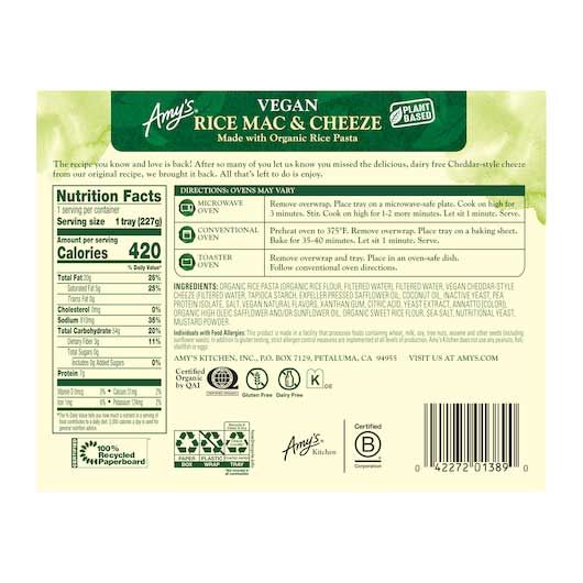 Amy's Non Dairy Rice Macaroni And Cheeze Entree, 8 Ounce -- 12 Per Case