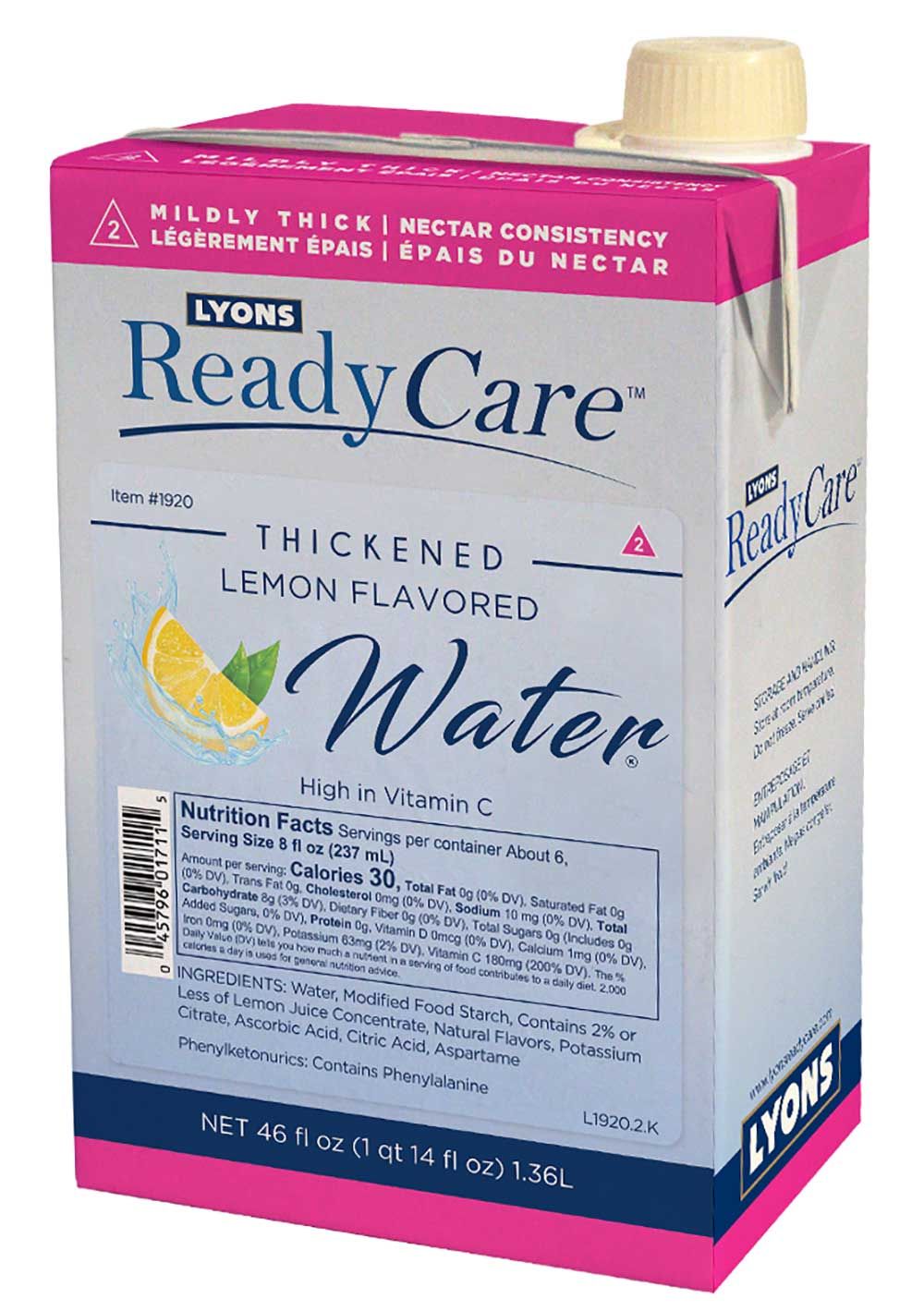 Lyons Ready Care Level 2 Nectar Lemon Flavored Thickened Water, 46 Fluid Ounce -- 6 Per Case