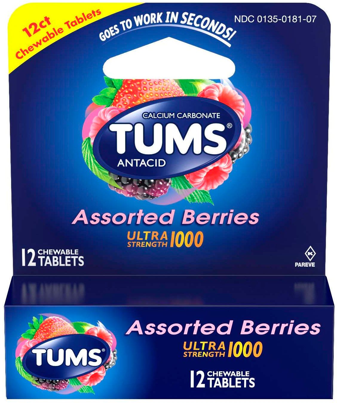 Tums Ultra Strength 1000 Assorted Berry Chewable Tablet, 12 Count -- 36 Per Case