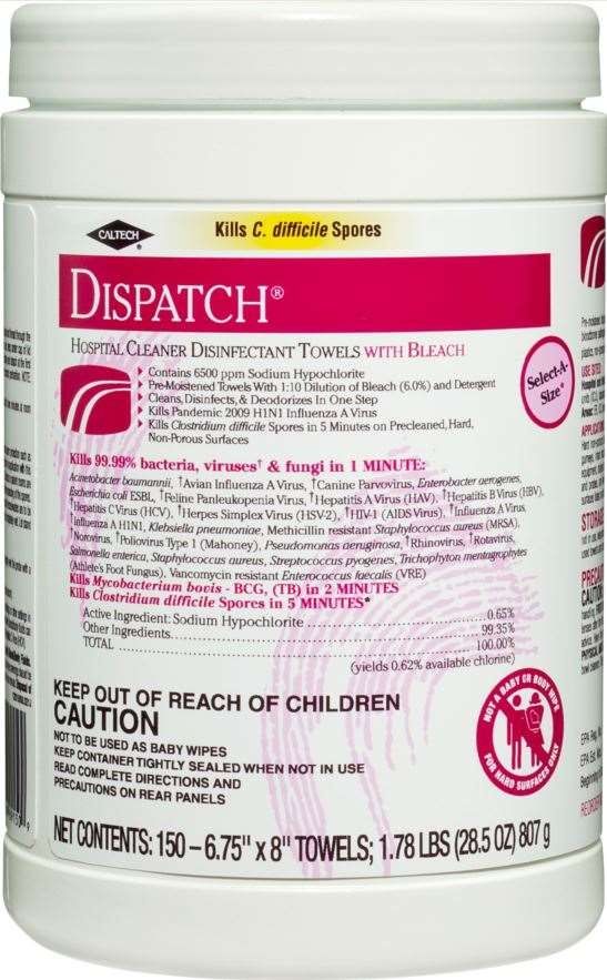 Dispatch Hospital Cleaner Disinfectant Towels With Bleach, 150 Count -- 8 Per Case