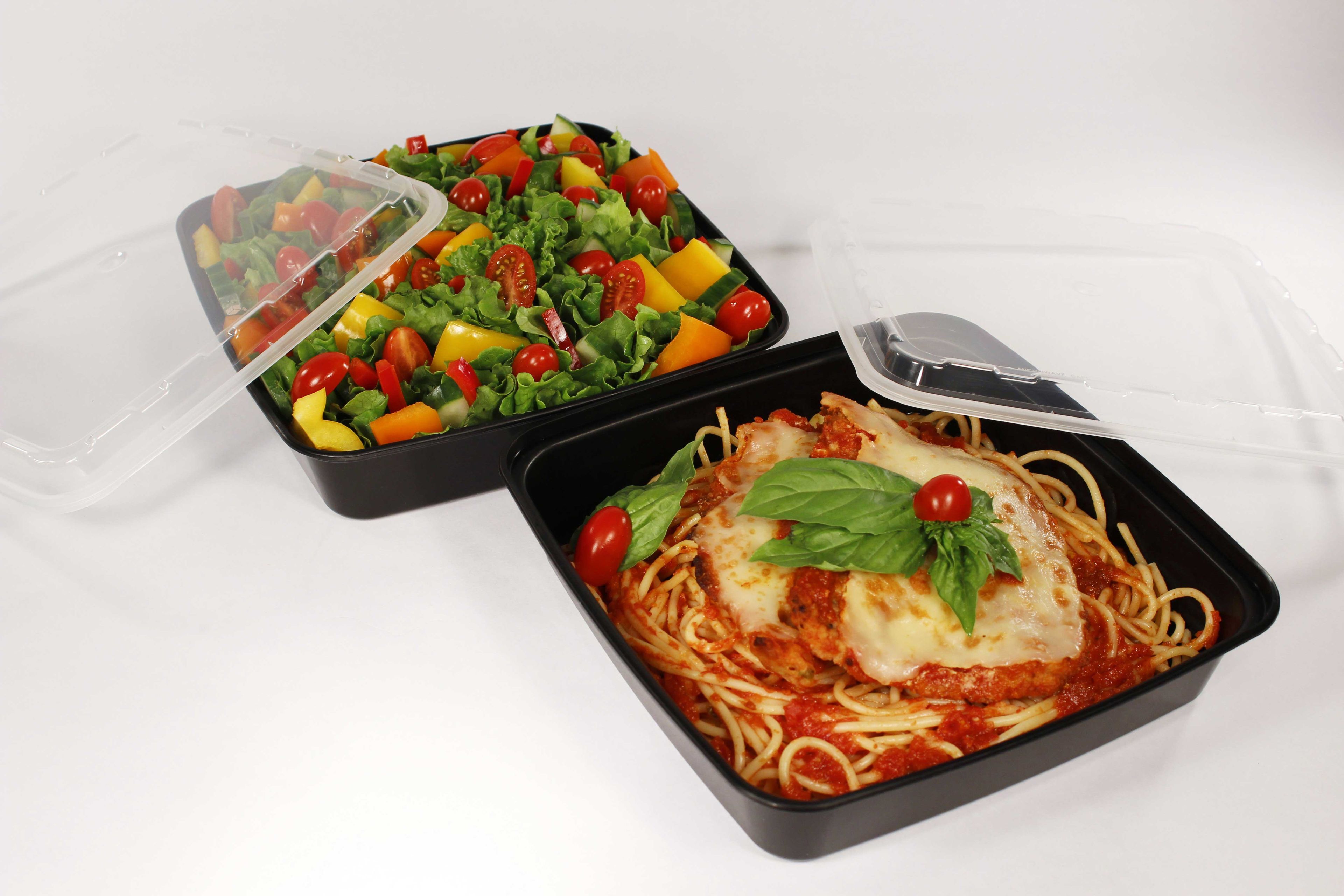 Cubeware Square Black Reusable Plastic Microwavable Food Container With Clear Lid Set, 48 Ounce -- 100 Set Per Case