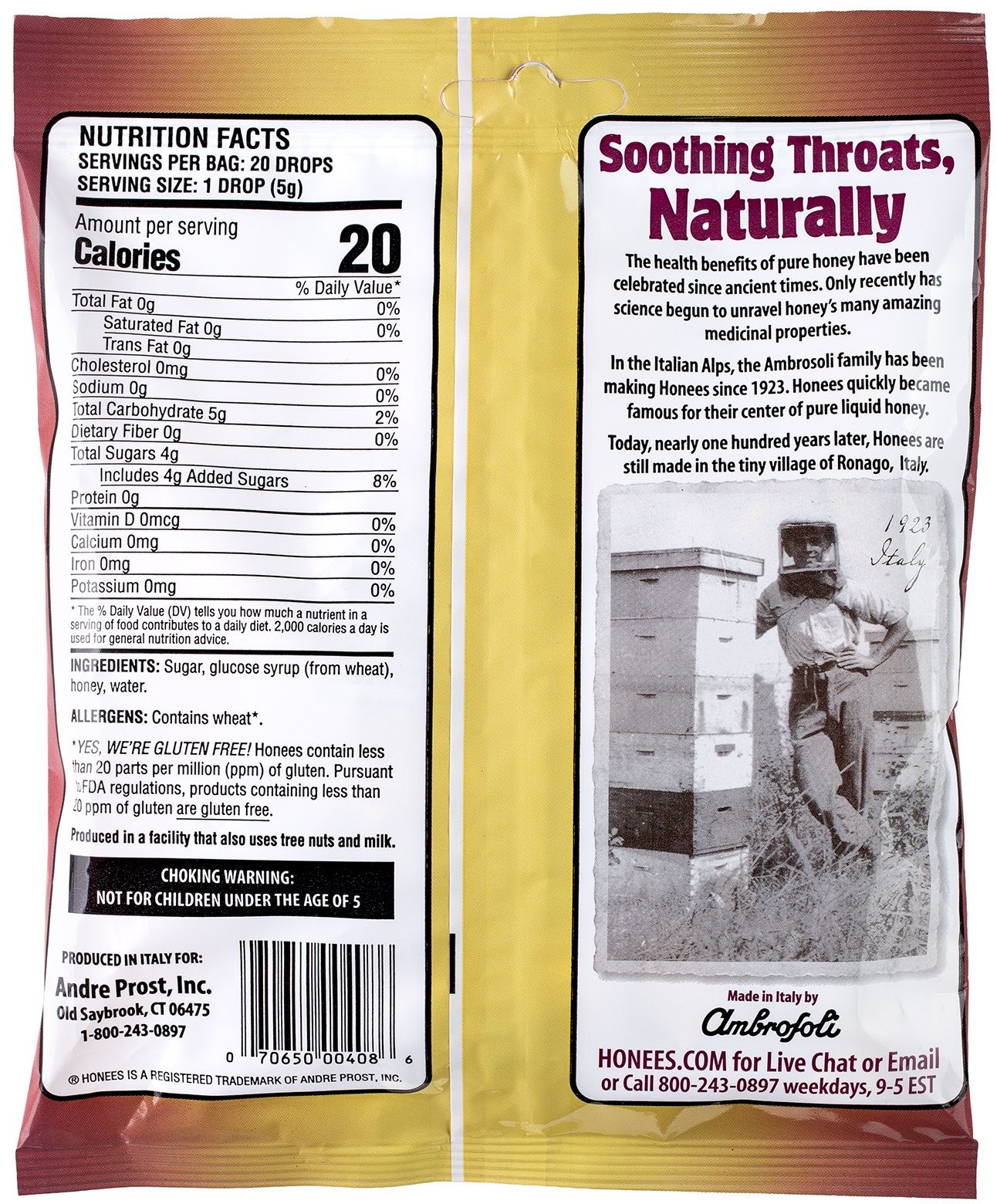 Honees Soothing Throat Drops, Bag, 20 Count -- 12 Per Case