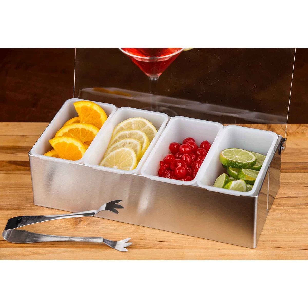 Tablecraft Stainless Steel Open Bottom Condiment Dispenser With Four 1 Pint Inserts, 12 X 6 X 3.5 Inch