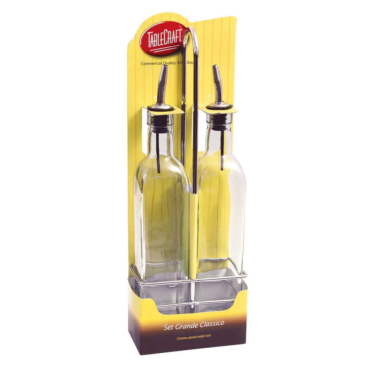 Tablecraft Prima Collection 16 Ounce Green Tinted Glass Pourer Bottles With Chrome Plated Rack, 5.125 X 2.75 X 15 Inch -- 6 Per Case