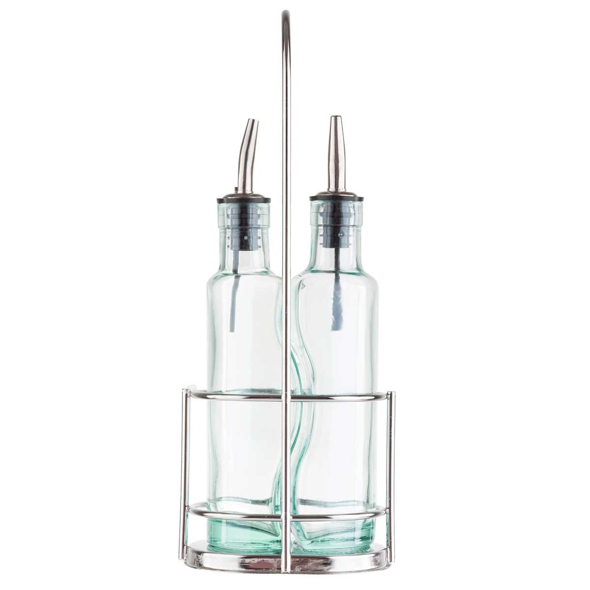 Tablecraft Gemelli Collection 8.5 Ounce Green Tinted Glass Pourer Bottles With Chrome Plated Rack, 4.75 X 3.5 X 12 Inch -- 6 Per Case