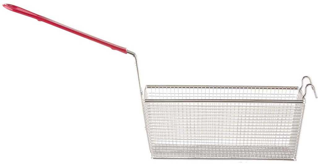 Tablecraft Nickel Plated Mesh Rectangular Fry Basket With Red Vinyl Handle, 12.875 X 6.5 X 5.375 Inch