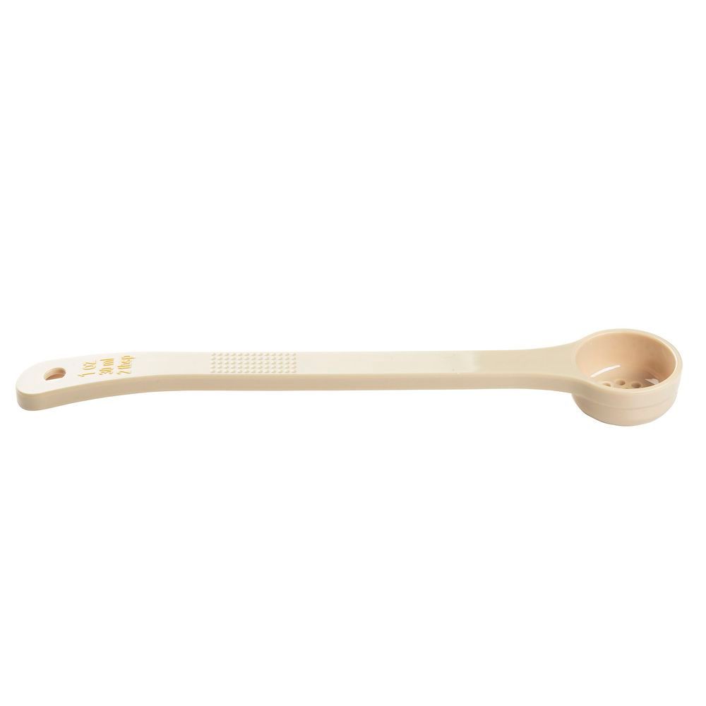 Tablecraft Polycarbonate Beige Perforated Long Handle Spoonout With Yellow Capacity Marking, 1 Ounce Capacity -- 12 Per Case