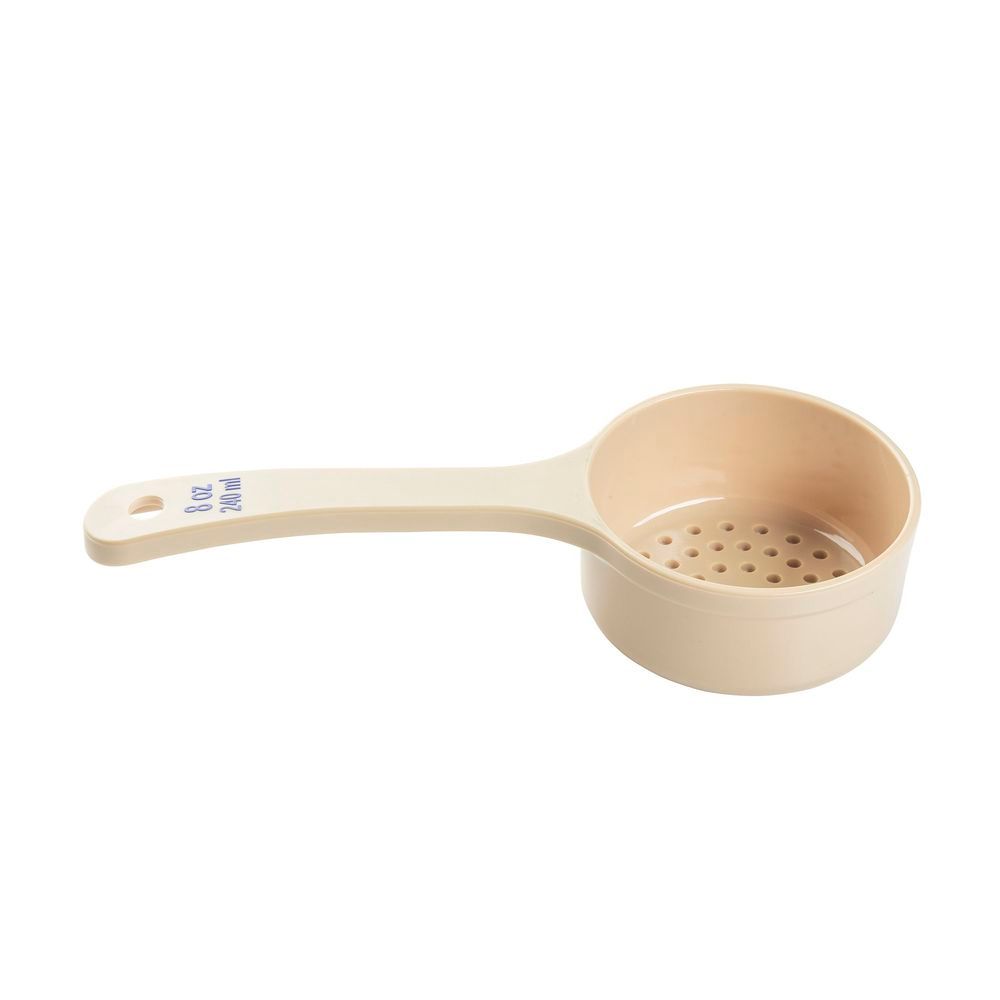 Tablecraft Polycarbonate Beige Perforated Short Handle Spoonout With Blue Capacity Marking, 8 Ounce Capacity -- 12 Per Case