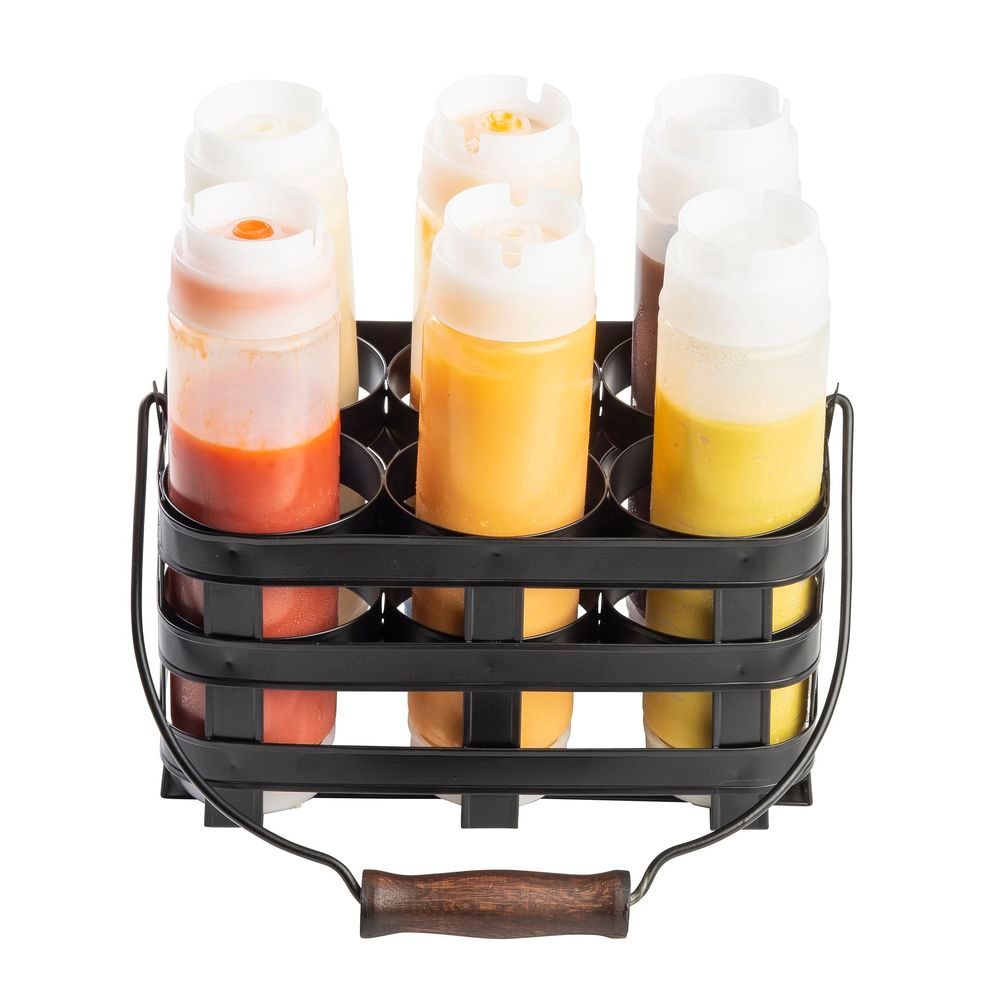 Tablecraft Forge Collection Black Painted Steel Squeeze Bottle Caddy - Holds 6 Bottles, 9.875 X 7.25 X 6.75 Inch