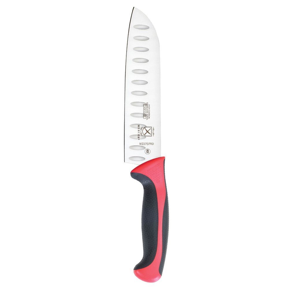 Mercer Culinary Millennia Granton Edge Santoku Knife With Red Handle, 7 Inch