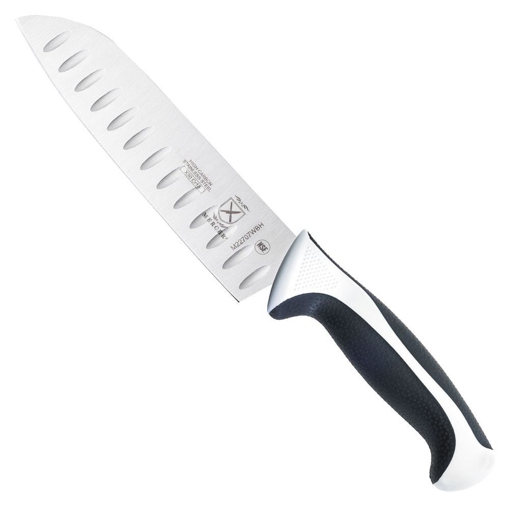 Mercer Culinary Millennia Granton Edge Santoku Knife With White Handle, 7 Inch