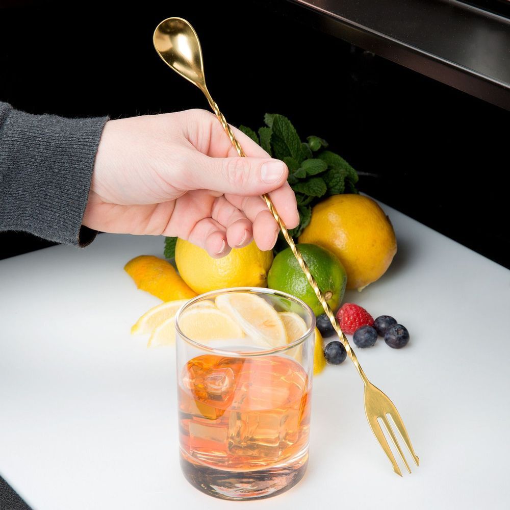Barfly Gold Plated Bar Spoon With Fork End, 12 3/8 Inch