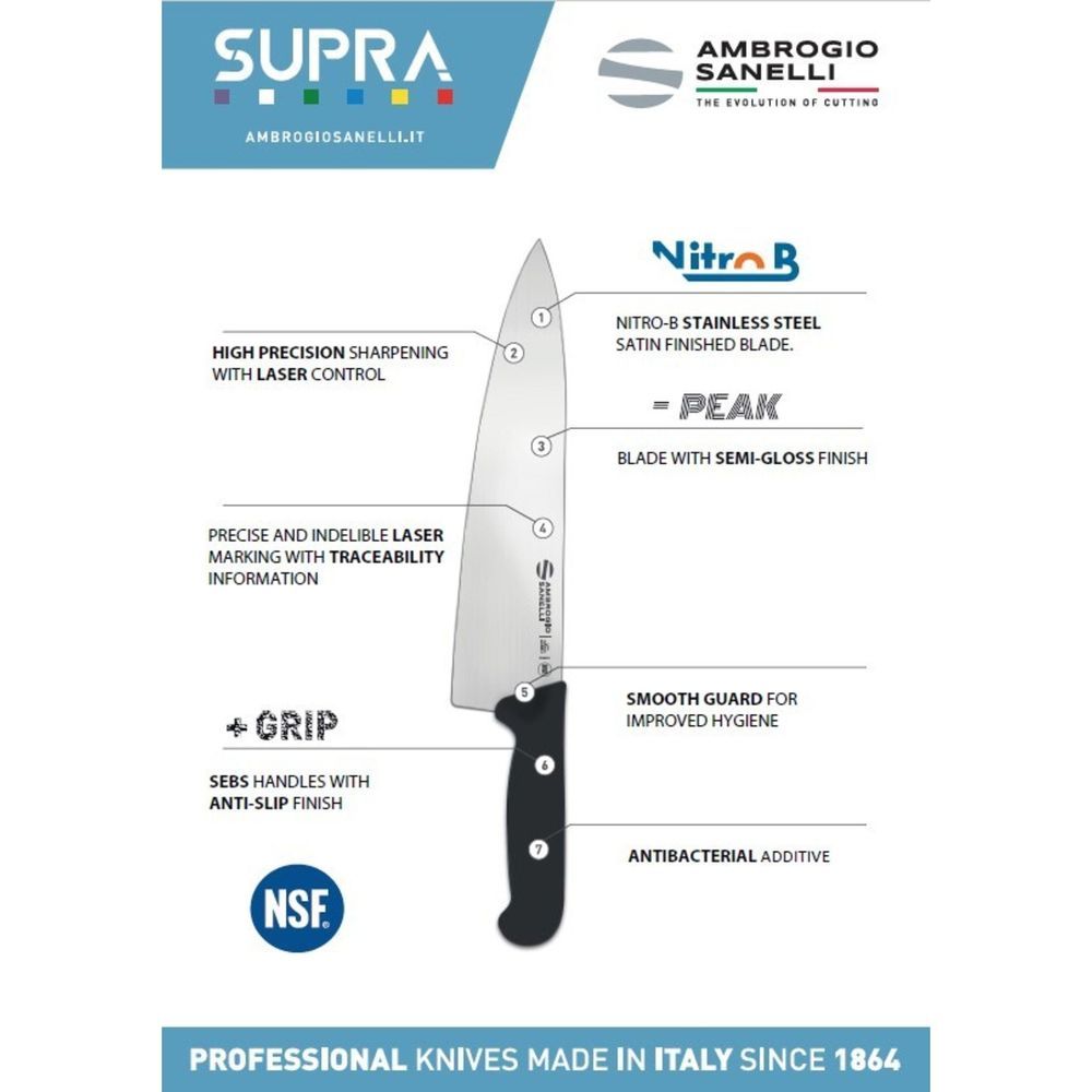 Ambrogio Sanelli Supra Chef Knife With Smooth Semi Polished Blade Finishing, 9.25 Inch