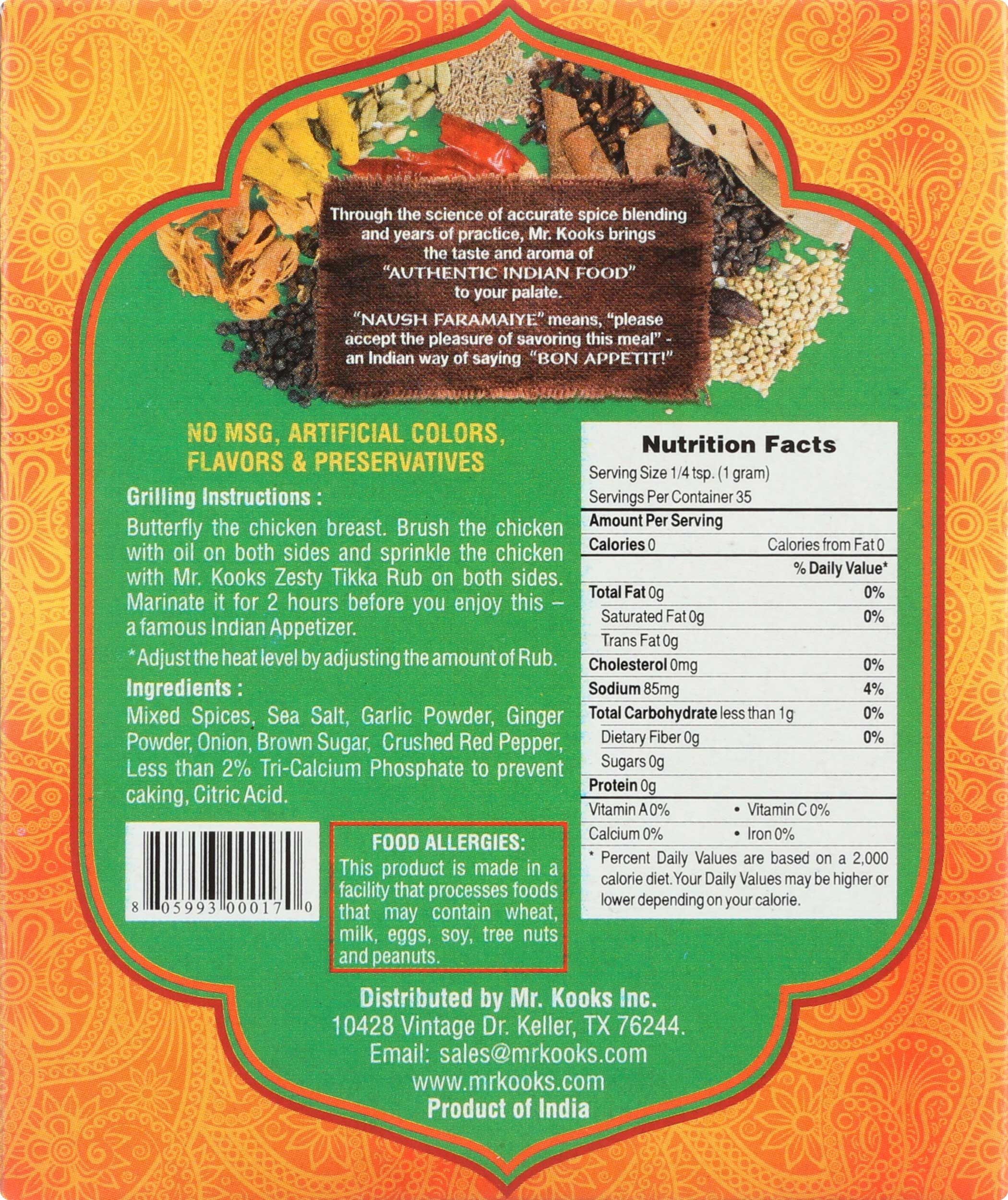 Mr. Kook's Zesty Tikka Indian Spice Rub Seasoning, 1.23 Ounce -- 6 Per Case