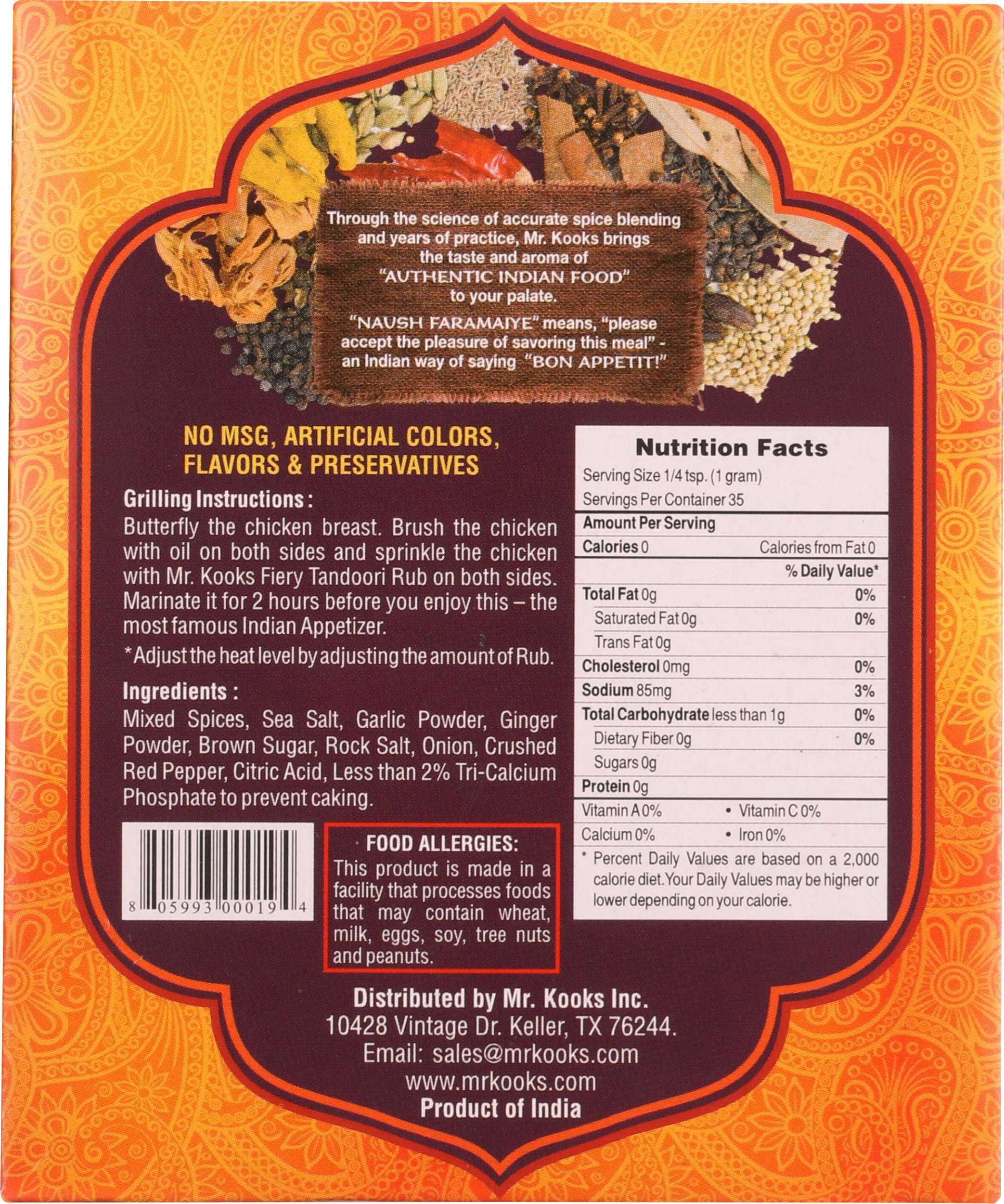 Mr. Kook's Fiery Tandoori Indian Spice Rub Seasoning, 1.23 Ounce -- 6 Per Case