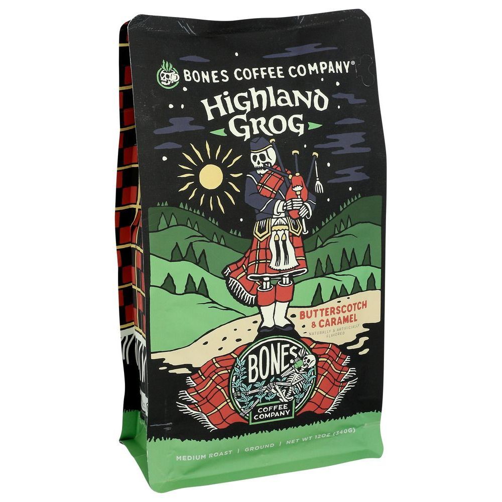 Bones Coffee Butterscotch And Caramel Flavored Highland Grog Ground Coffee, 12 Ounce -- 12 Per Case