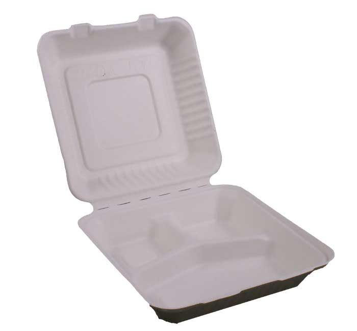 Kitch 24/7 White Compostable 3 Compartment Molded Fiber Hinged Container, 9 X 9 Inch -- 200 Per Case