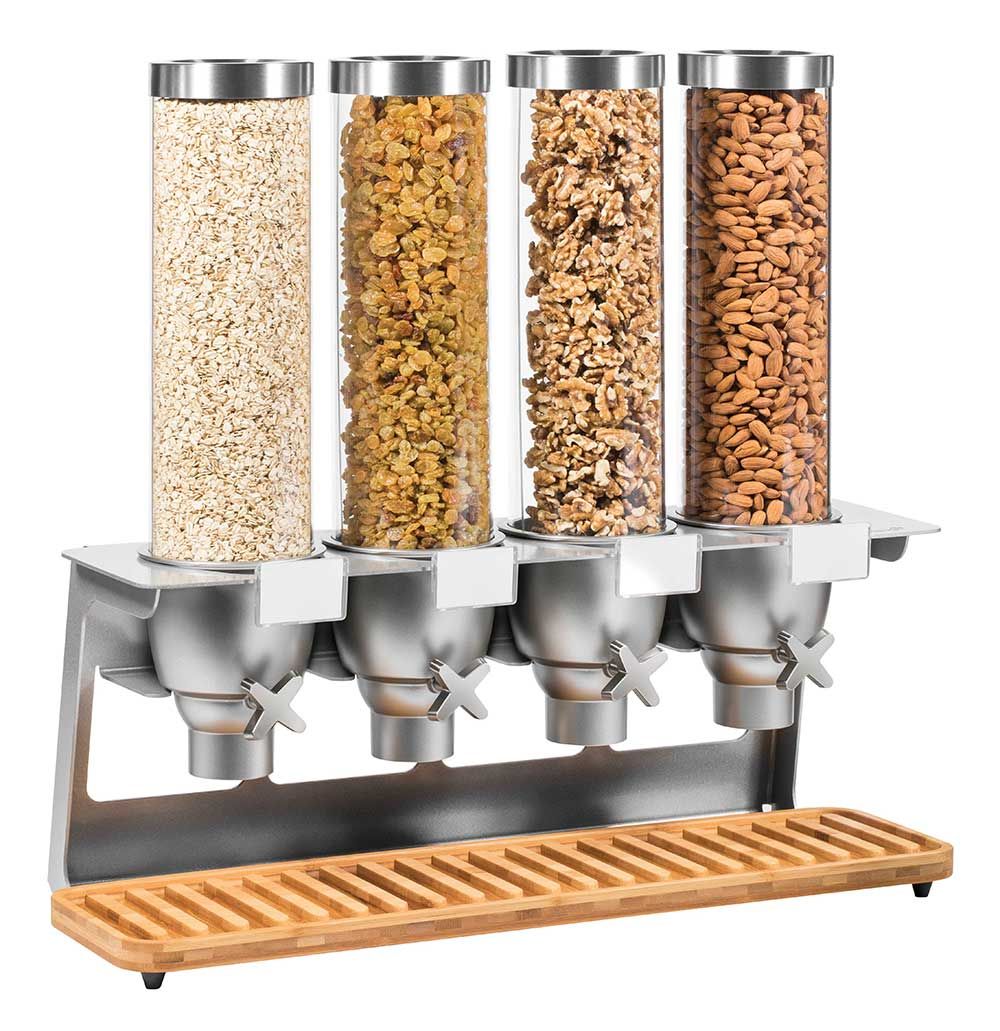 Rosseto Ez Serv 4 Container Tabletop Cereal Dispenser With Bamboo Tray, 1.3 Gallon
