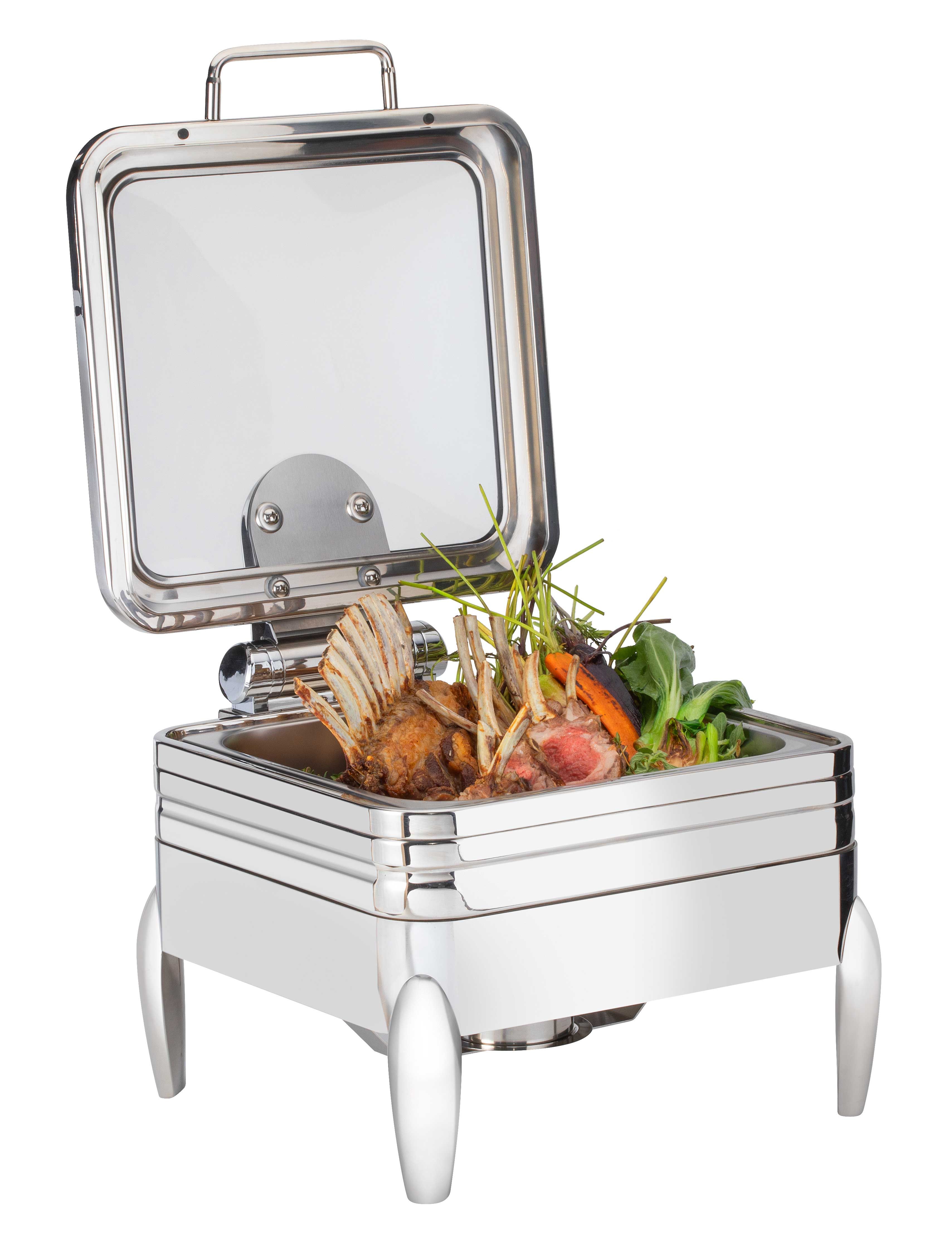 Rosseto De Luxe Square Stainless Steel Chafing Dish With Glass Lid Frame Burner Holder And Induction Option, 6.34 Quart