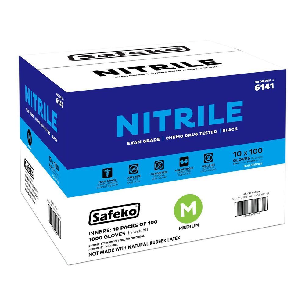 Safeko Medium Black 4 Mil Powder Free Nitrile Examination Gloves, 100 Count -- 10 Per Case