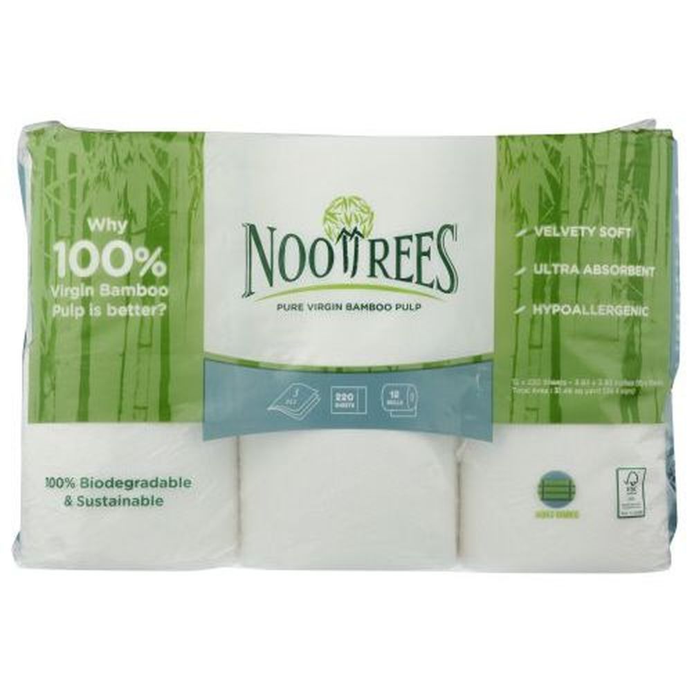 Nootrees Bamboo 3-ply 220 Sheets Toilet Tissue Roll, 12 Count -- 4 Per Case