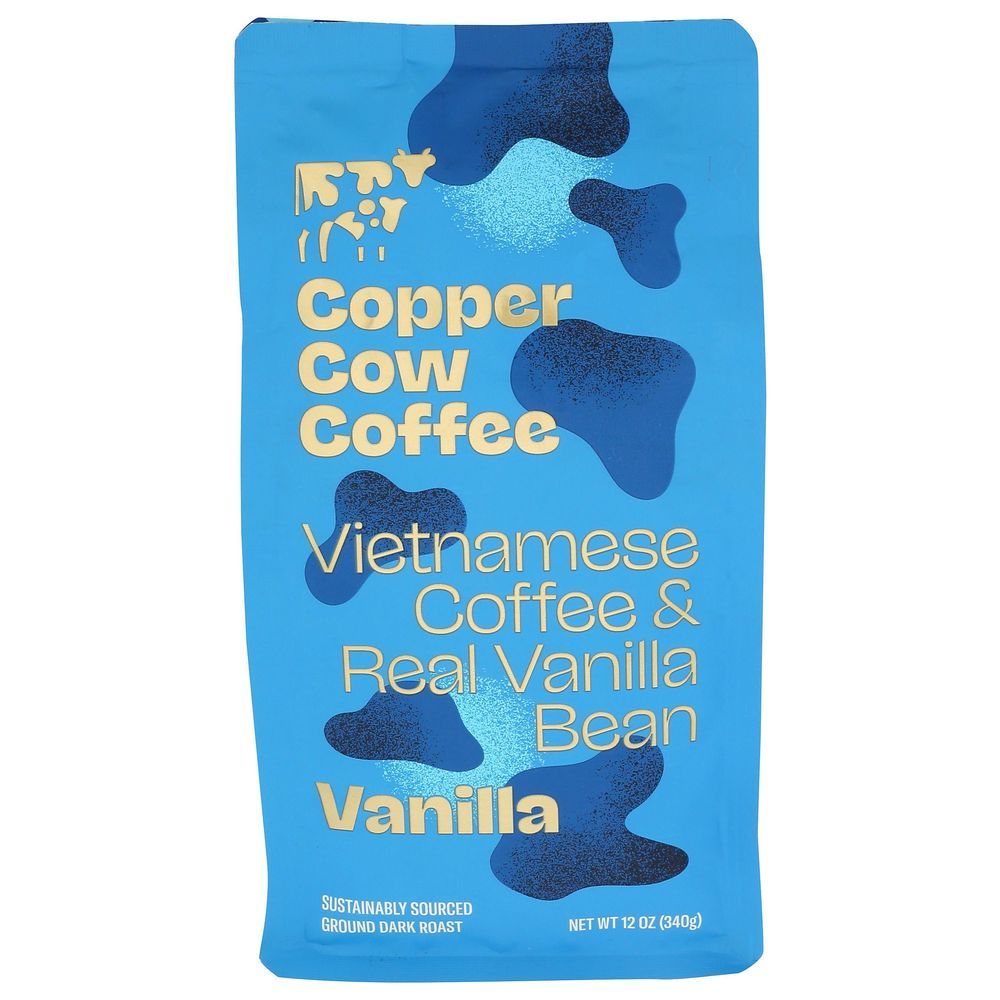 Copper Cow Coffee Vanilla Vietnamese Dark Roast Ground Coffee, 12 Ounce -- 6 Per Case