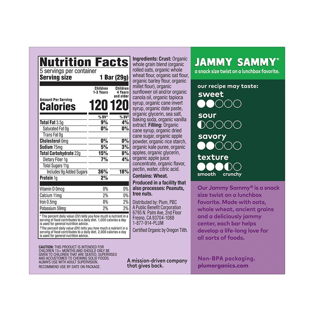Plum Organics Jammy Sammy Apple Kale Plus Oatmeal Sandwich Bar, 1.02 Ounce -- 6 Per Case