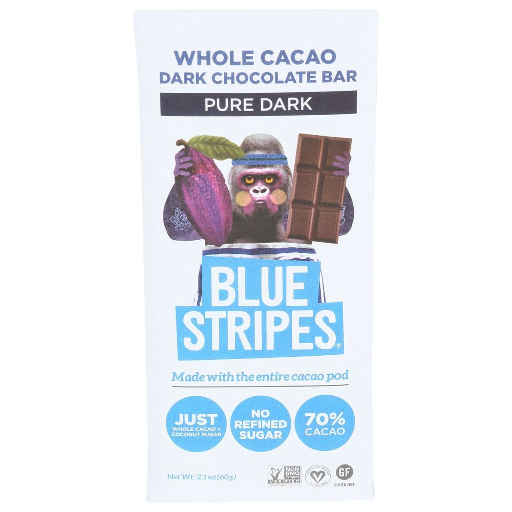Blue Stripes Whole Cacao Pure Dark Chocolate Bar, 2.1 Ounce -- 12 Per Case