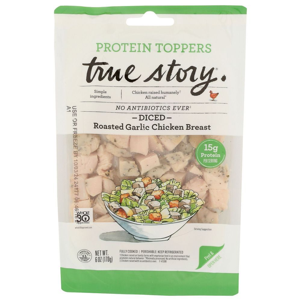 True Story Protein Toppers Diced Roasted Garlic Chicken Breast, 6 Ounce -- 12 Per Case