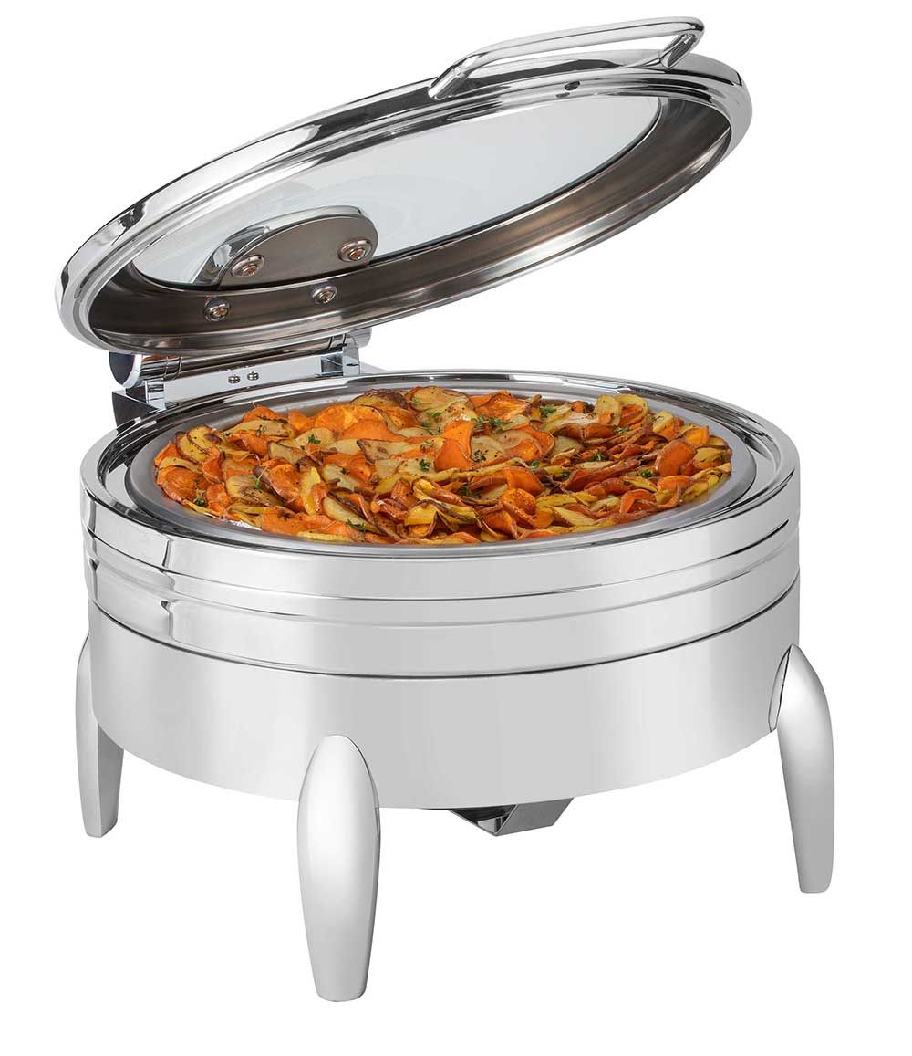 Rosseto De Luxe Round Stainless Steel Chafing Dish With Glass Lid Frame Burner Holder And Induction Option, 6.34 Quart