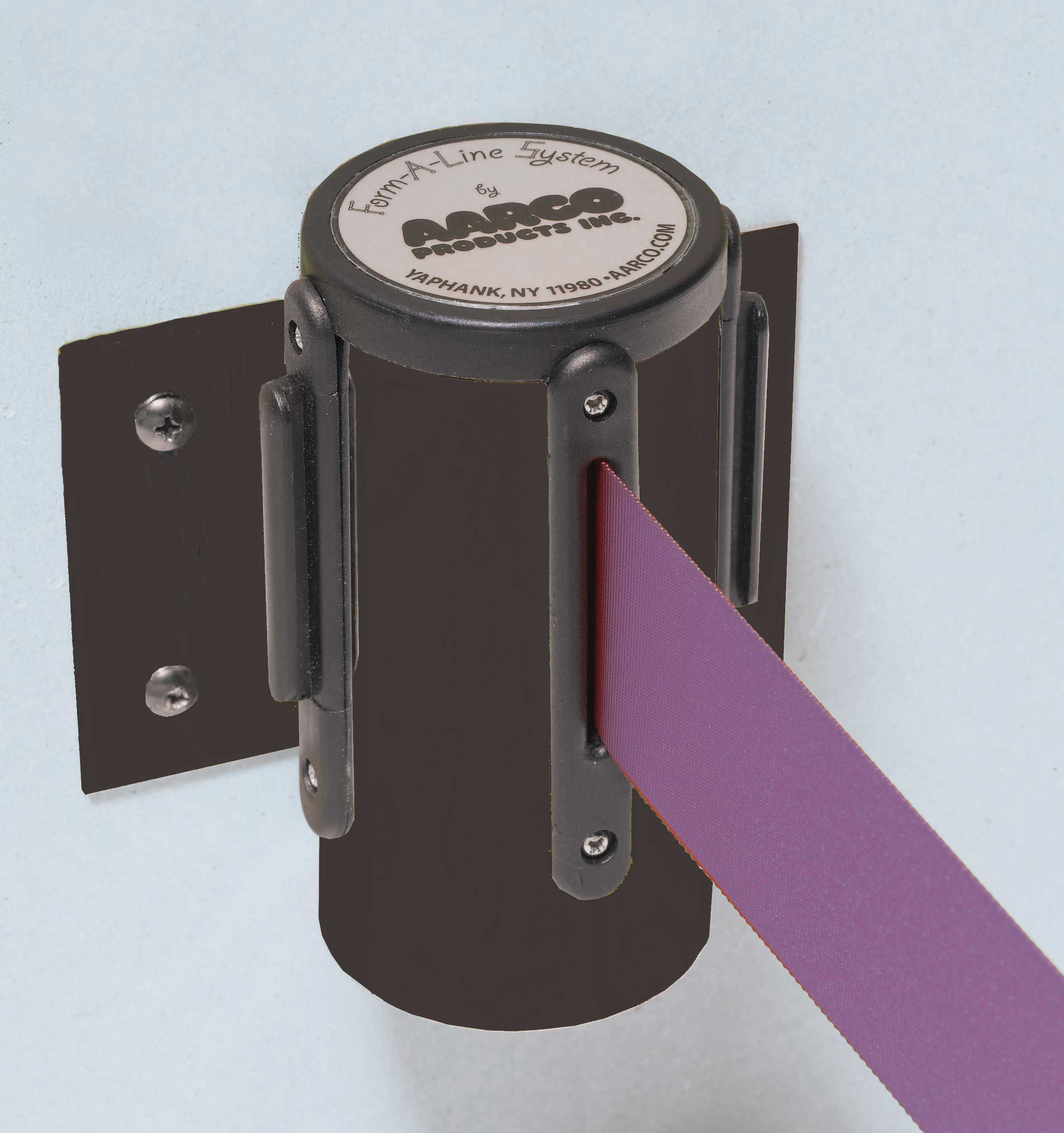 Aarco Form-a-line (tm) Black Finish Wall Mounted Crowd Control System With 10 Feet Retractable Purple Belt