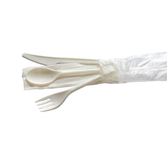 Kitch 24/7 Compostable White Fork Knife Spoon With Napkin Wrapped Kit -- 250 Per Case