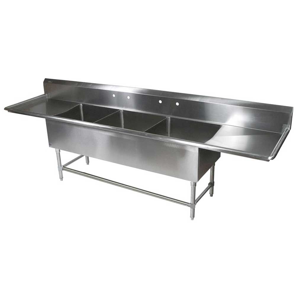 John Boos 16 Gauge Stainless Steel Three Bowl Sink With 18 Inch Left And Right Drainboard, 93 1/4 X 29 1/2 Inch