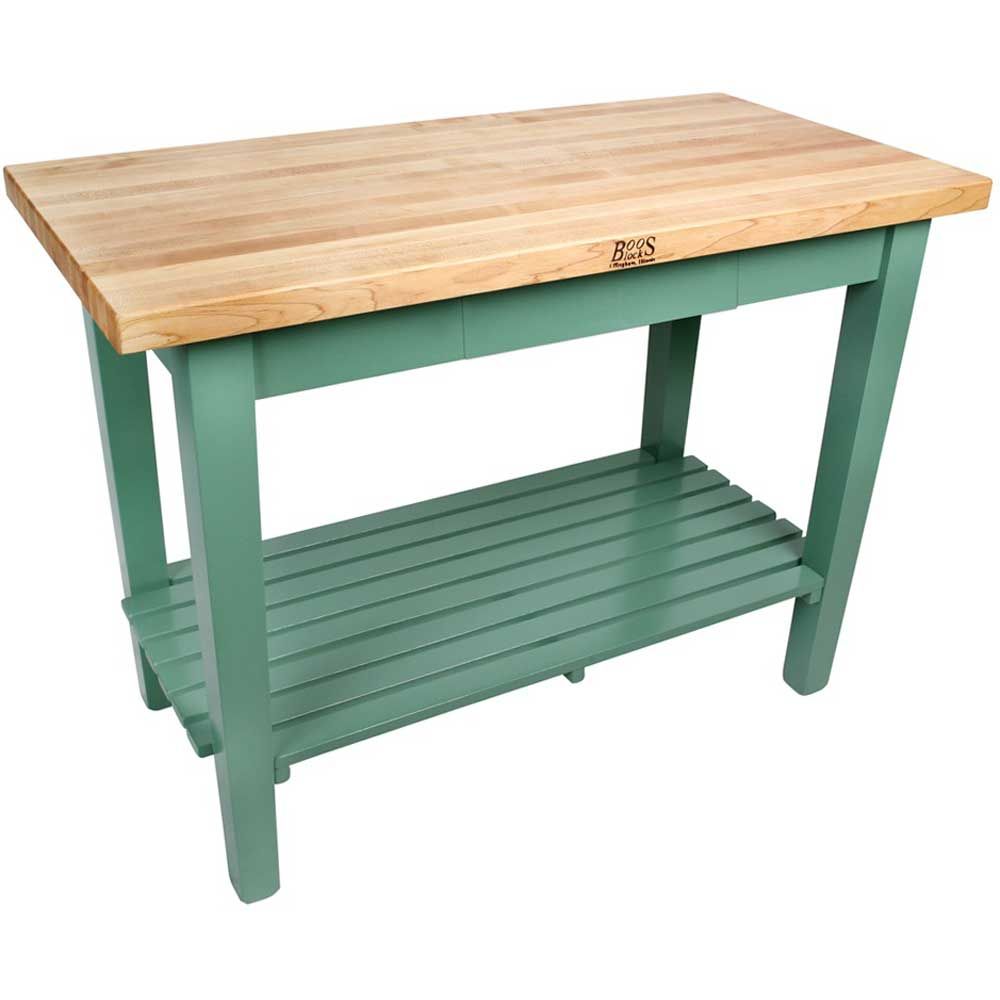 John Boos Cream Finish Basil Green Base Maple Classic Country Work Table With Two Shelves, 48 X 30 X 1.75 Inch