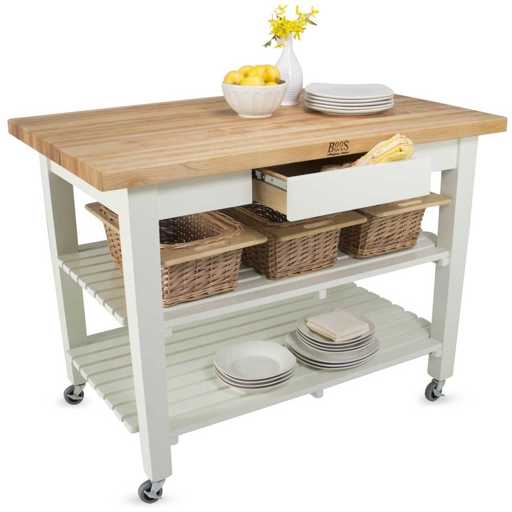 John Boos Cream Finish Alabaster Base Maple Classic Country Work Table With Two Shelves, 48 X 30 X 1.75 Inch