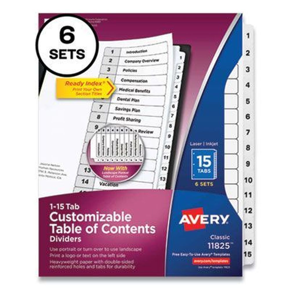 Avery 1 To 15 Customizable Table Of Contents Ready Index Black And White Dividers, 15 Tabs -- 6 Sets Per Pack