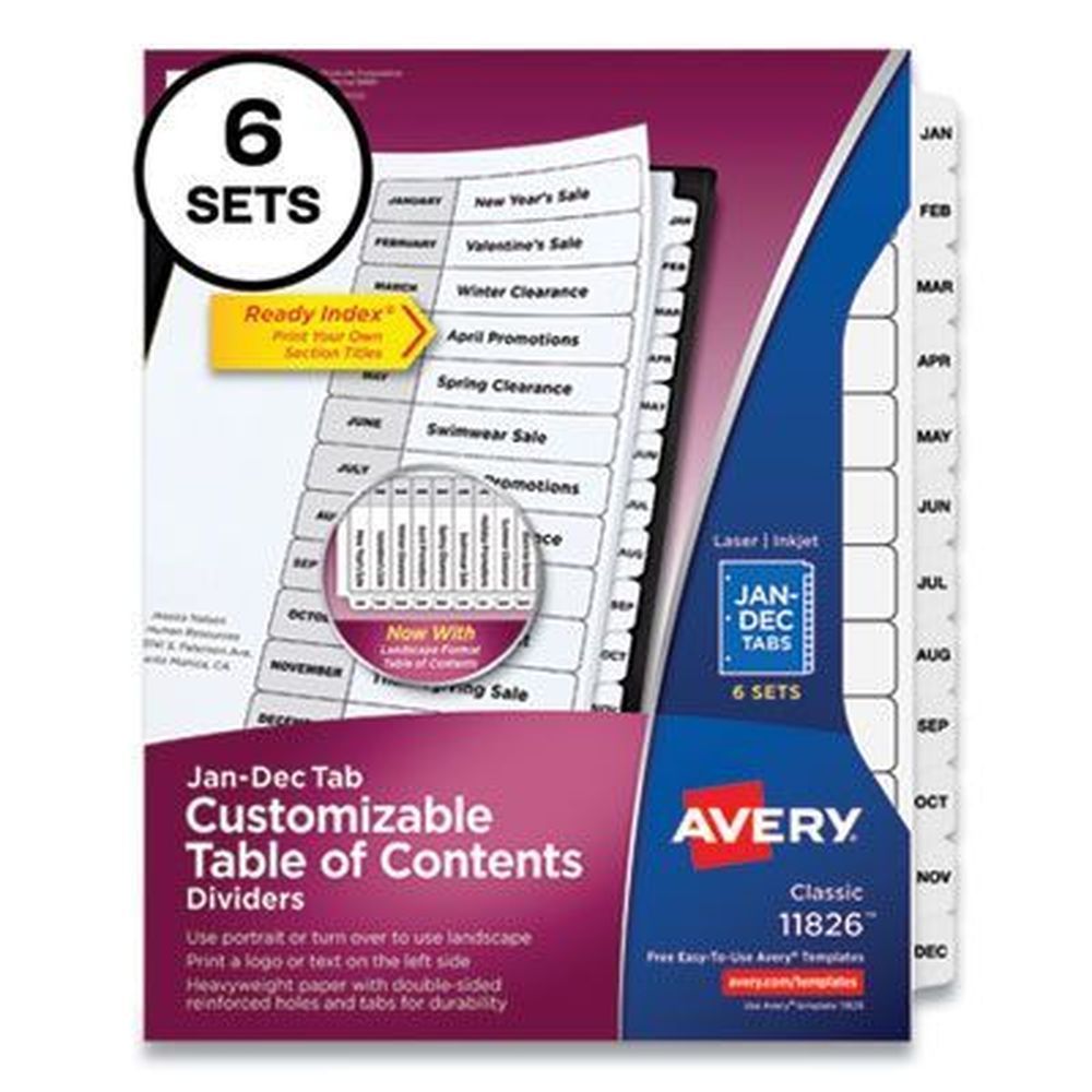 Avery Jan To Dec Customizable Table Of Contents Ready Index Black And White Dividers, 12 Tabs -- 6 Sets Per Pack