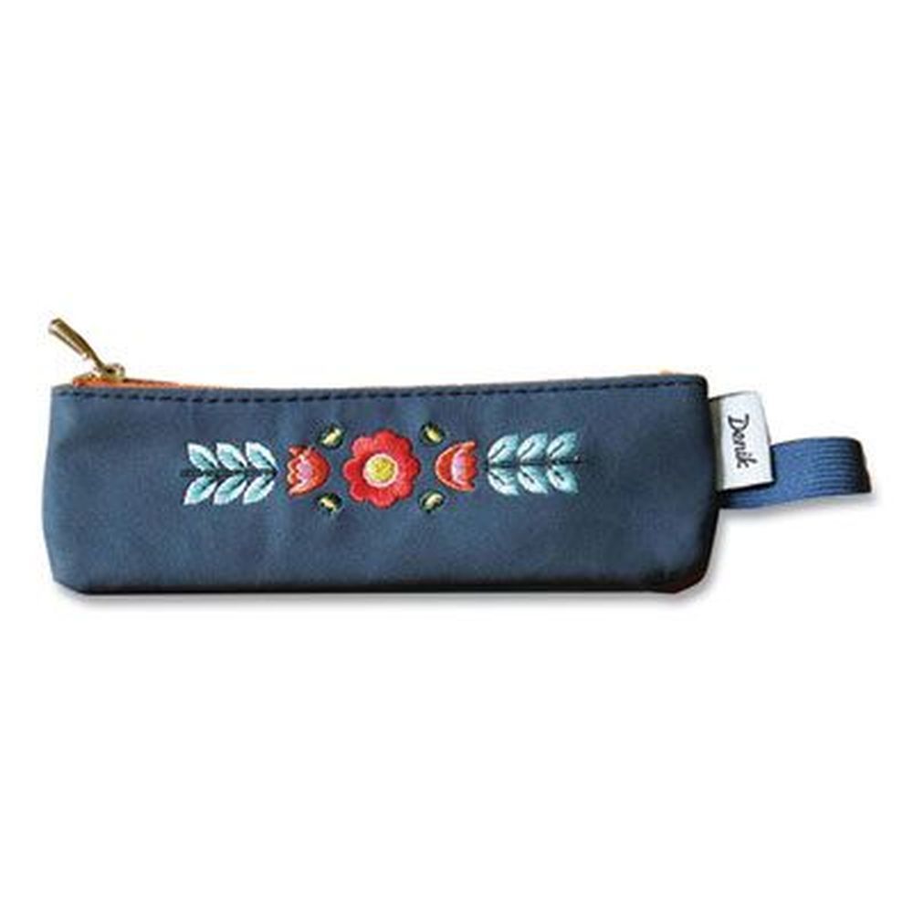 Denik Blue With Embroidered Flower Evelynn Zipper Vegan Suede Notebook Pouch, 2 X 6.5 Inch