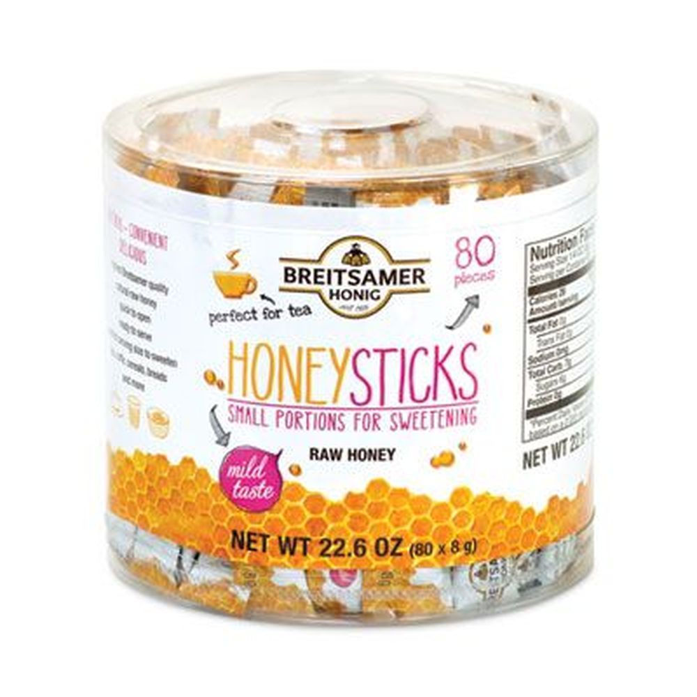 Breitsamer Honig 0.28 Ounce Raw Honey Sticks, 80 Sticks Per Tub