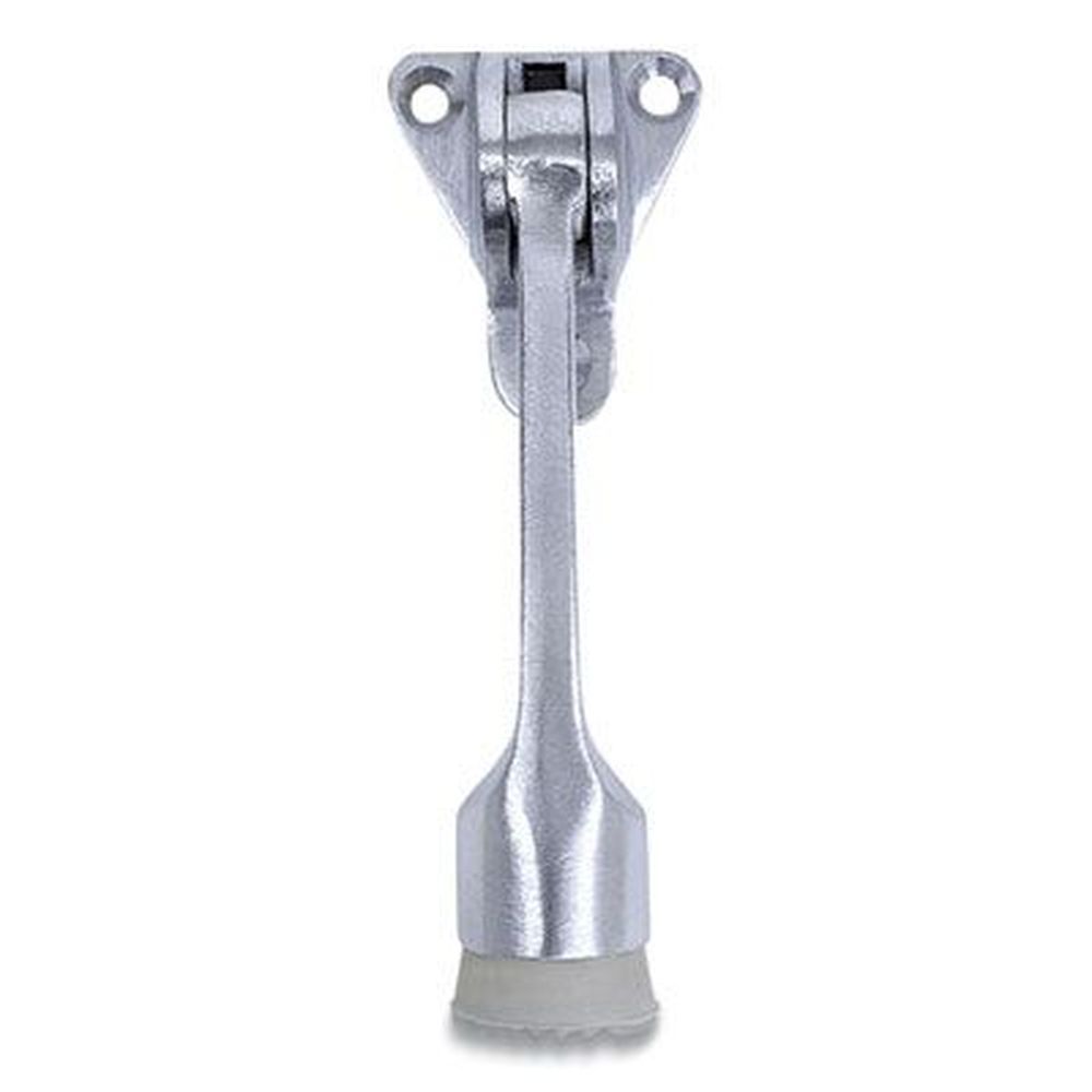 Tell Satin Chrome Hinged Kick Down Door Stop With Triangular Three Point Mounting Plate, 1 Inch Wide Door Mount