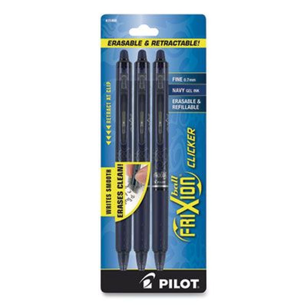 Pilot Frixion Fine 0.7 Mm Navy Ink Navy Barrel Retractable Clicker Erasable Gel Pen -- 3 Per Pack