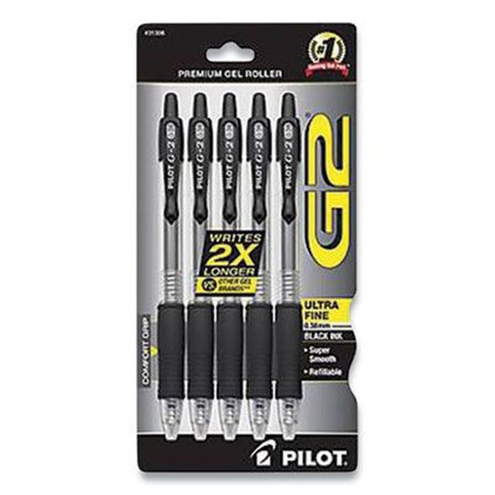 Pilot Extra Fine 0.38 Mm Black Ink Clear/black Barrel Retractable G2 Premium Gel Pen -- 5 Per Pack